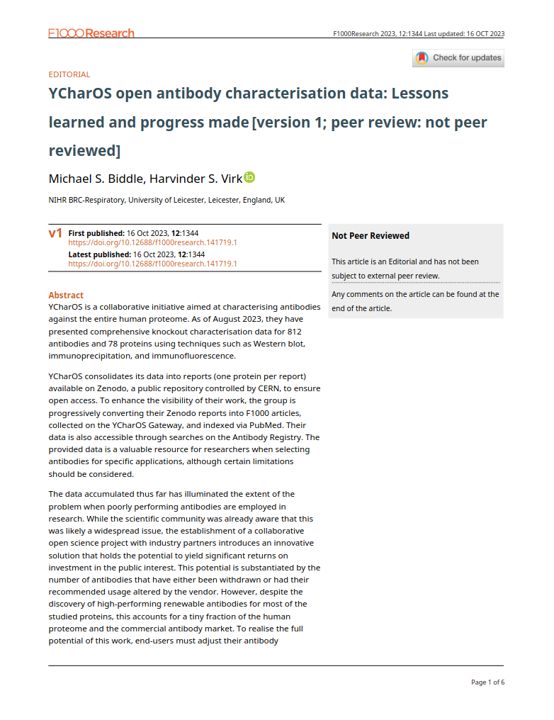 YCharOS open antibody characterization data